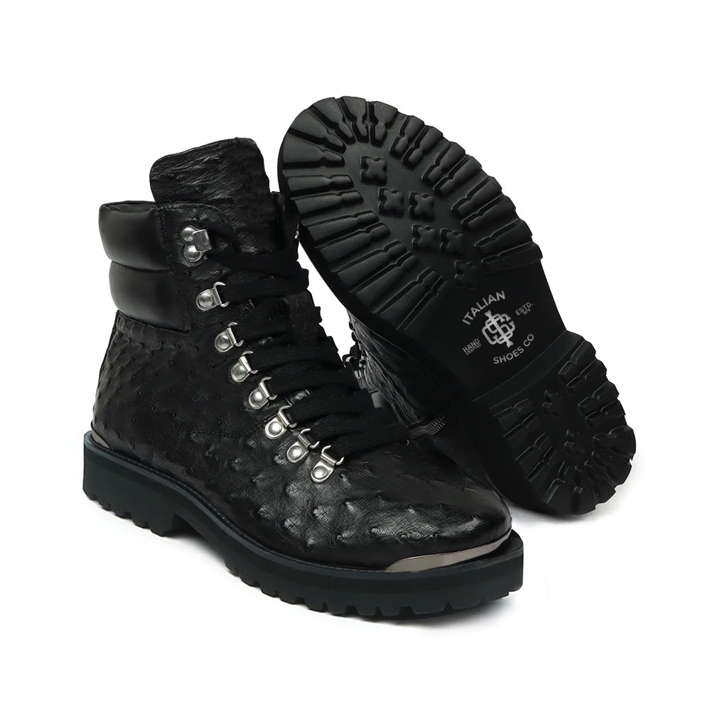 BLACK BIKER BOOTS IN OSTRICH LEATHER