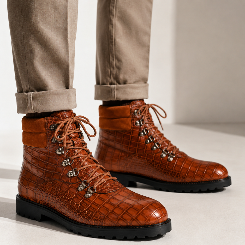 Arthur Italian Crafted Croc Lace-Up Boots