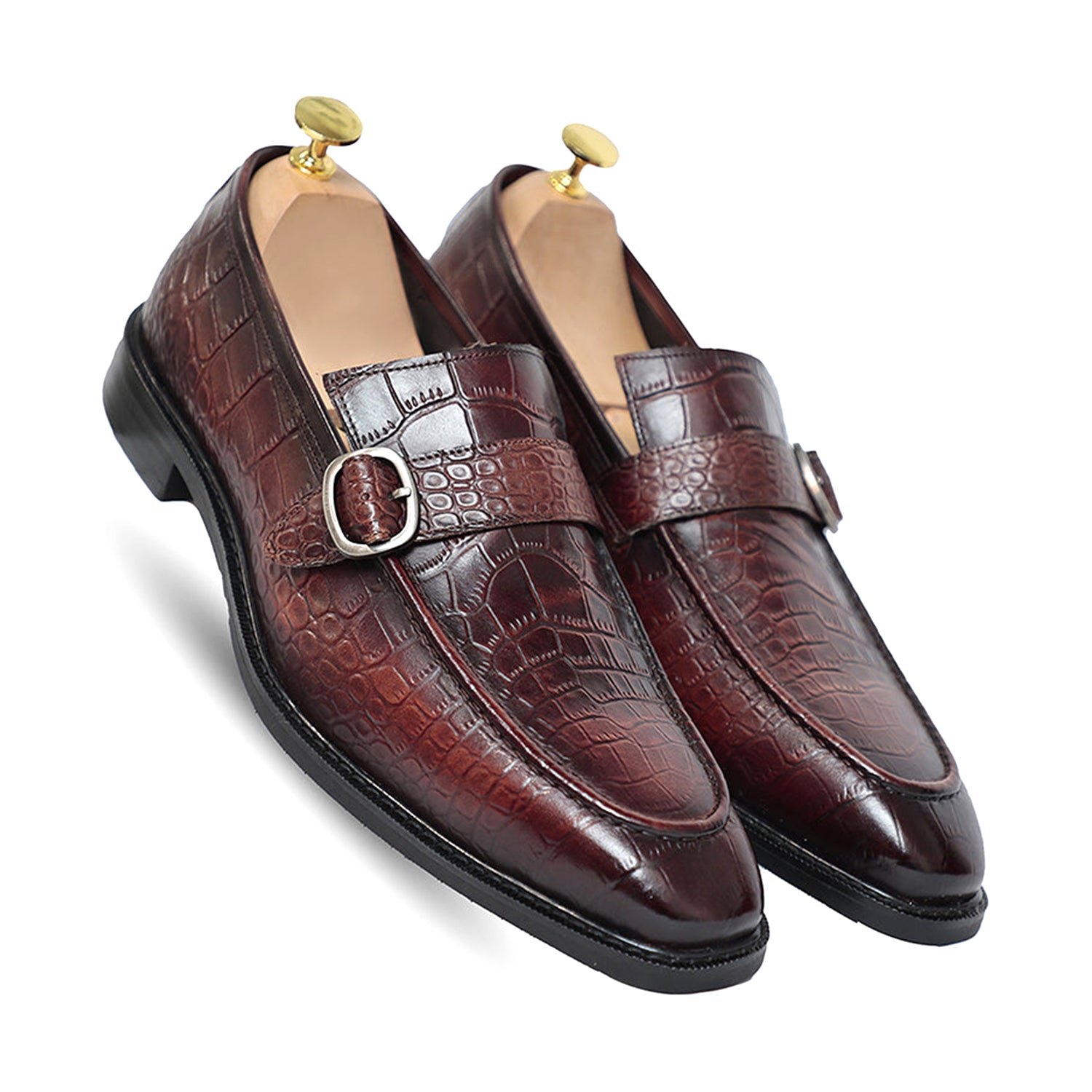 Azure Croco Coffee Monk Strap Loafers