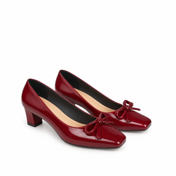 Bow Detail Patent Block Heel Pumps