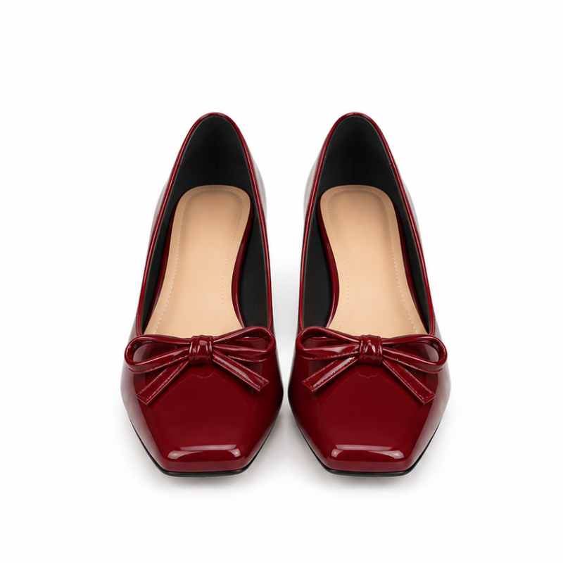 Bow Detail Patent Block Heel Pumps