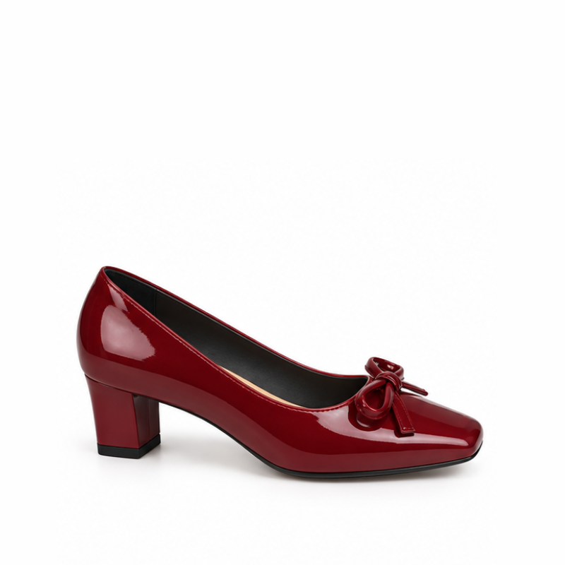 Bow Detail Patent Block Heel Pumps