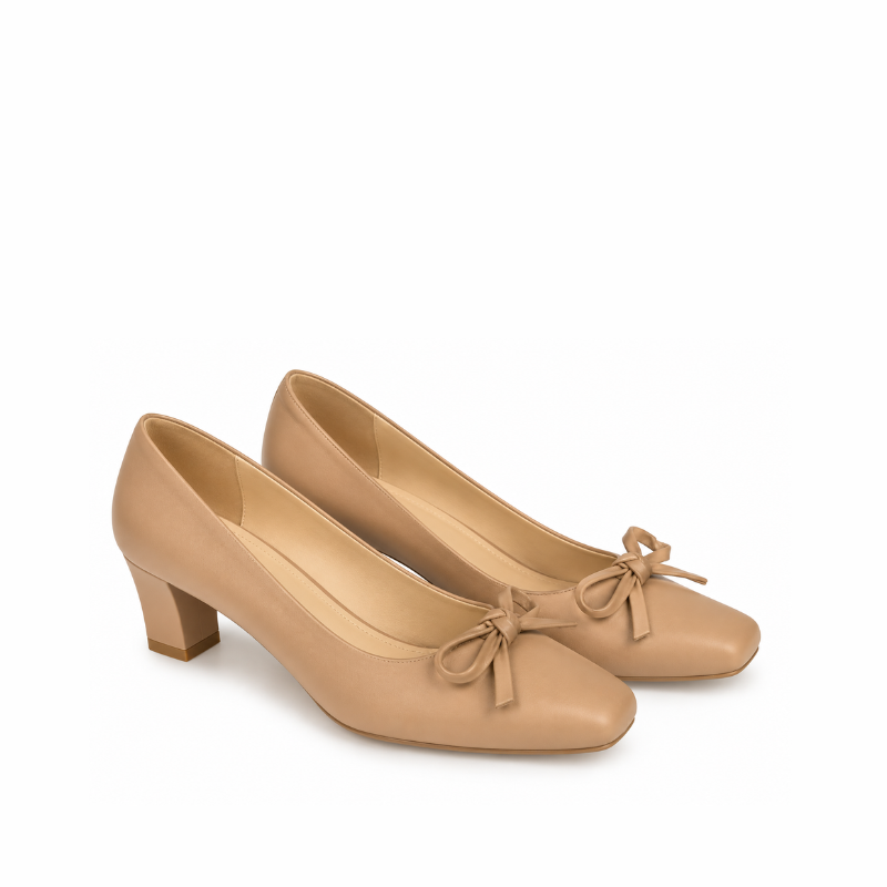 Bow Detail Patent Block Heel Pumps