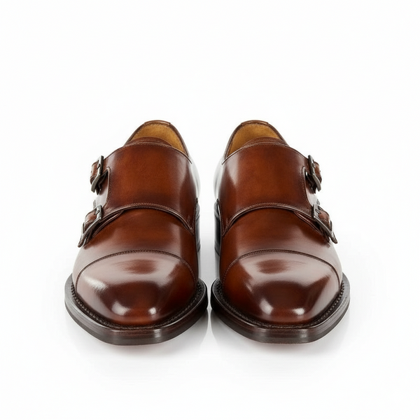 Men Cap Toe Leather Double MonkStraps Shoes - Brown