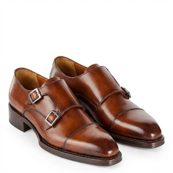 Men Cap Toe Leather Double MonkStraps Shoes - Blue