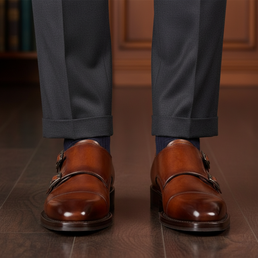 Men Cap Toe Leather Double MonkStraps Shoes