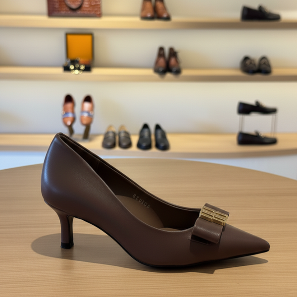 Italian Pointed Closed toe Bow Kitten Heeled - Brown