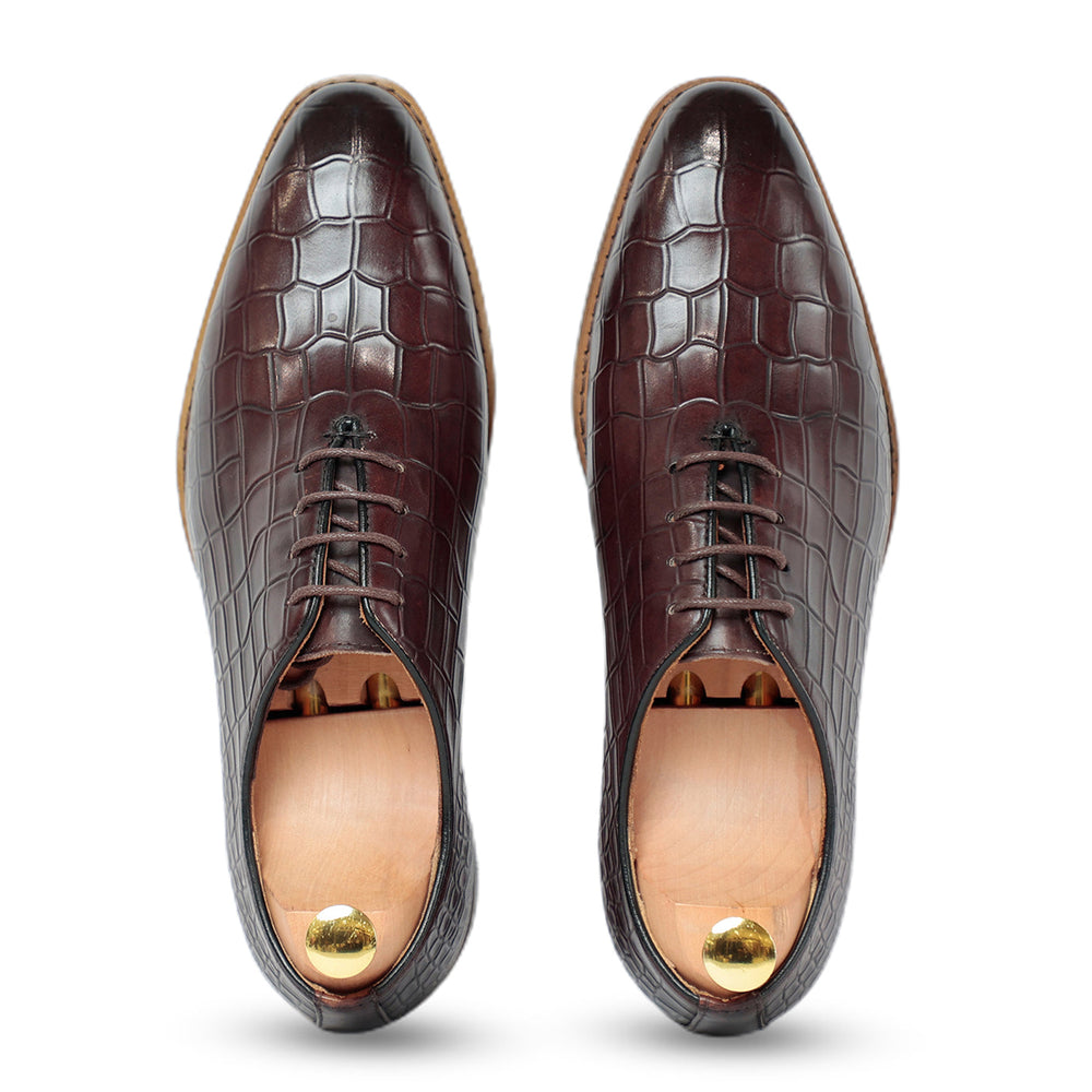 Croco Leather Solid Lace Up Oxford Shoes
