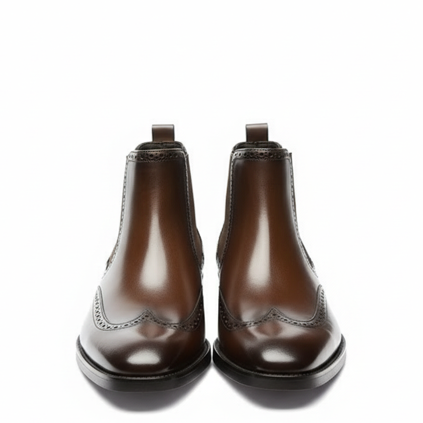 Men Polished Leather Wingtip Chelsea Boots