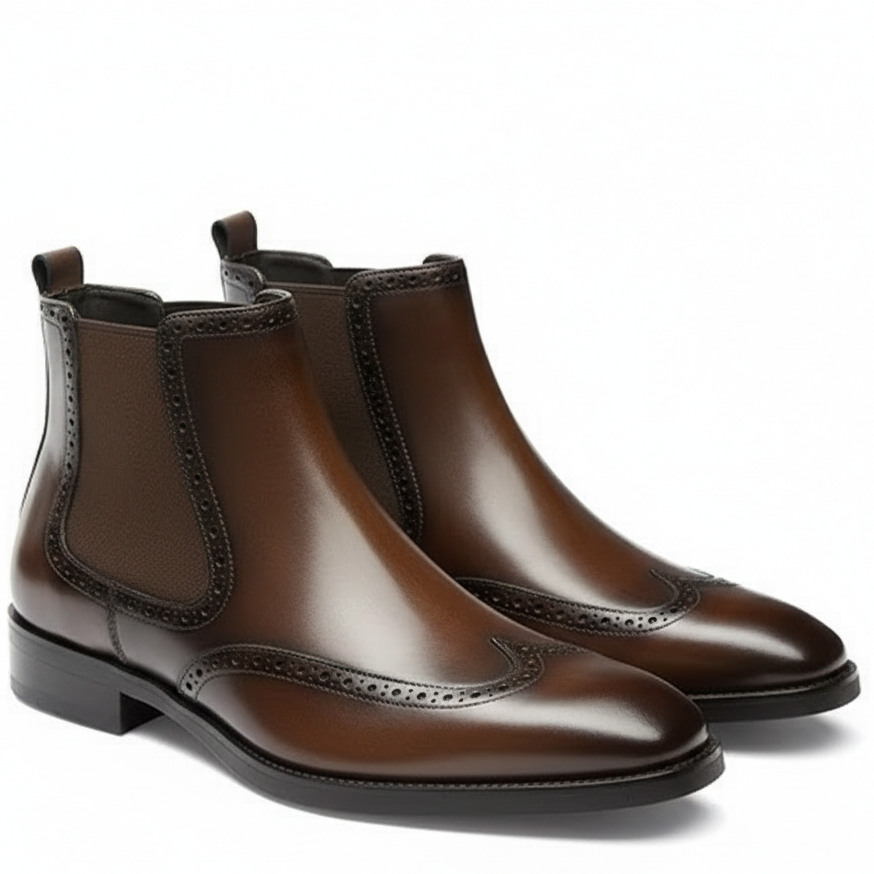 Men Polished Leather Wingtip Chelsea Boots