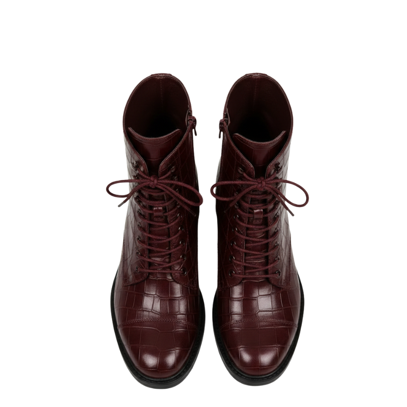 Croco Leather Lace Up High Ankle Boot Black