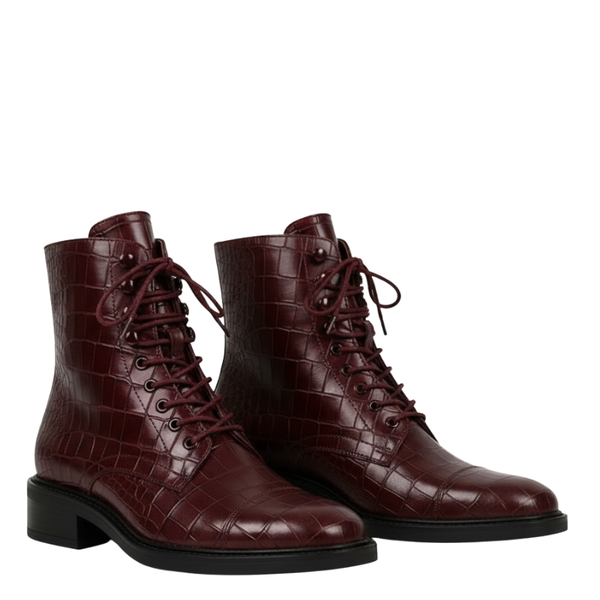 Croco Leather Lace Up High Ankle Boot - Wine