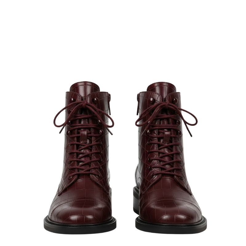 Croco Leather Lace Up High Ankle Boot Black