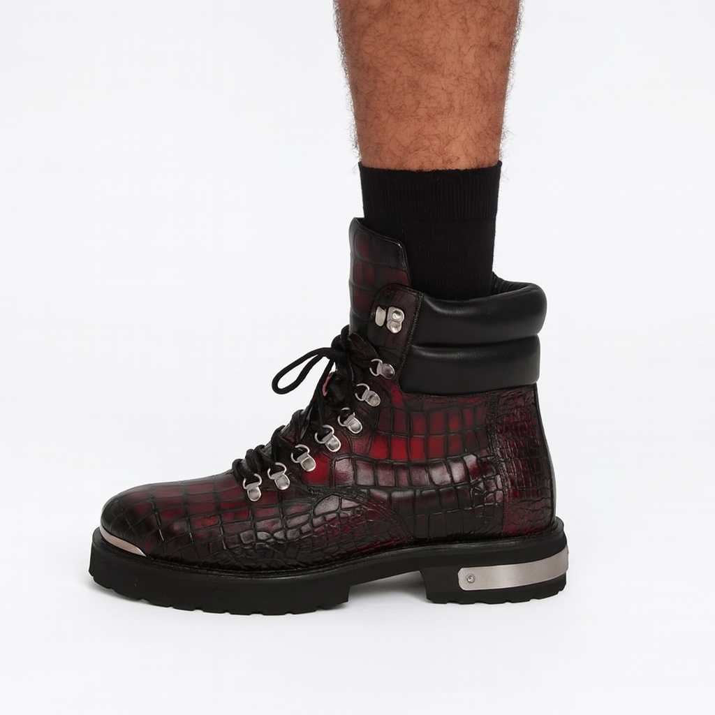 Croco Deep Cut Leather Lace UP Ankle Boot Black