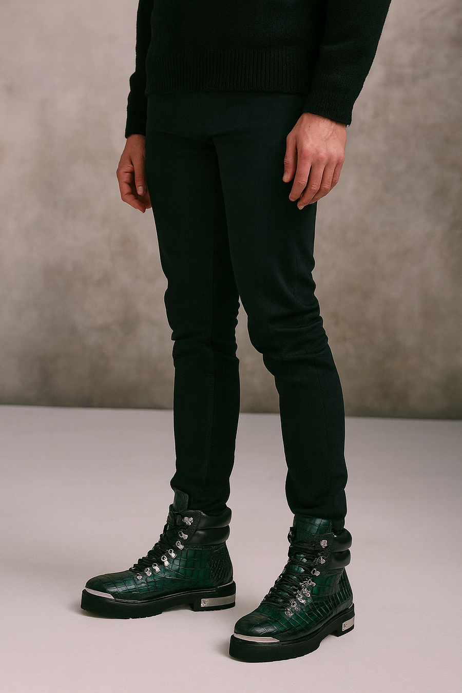 Croco Deep Cut Leather Lace UP Ankle Boot Black