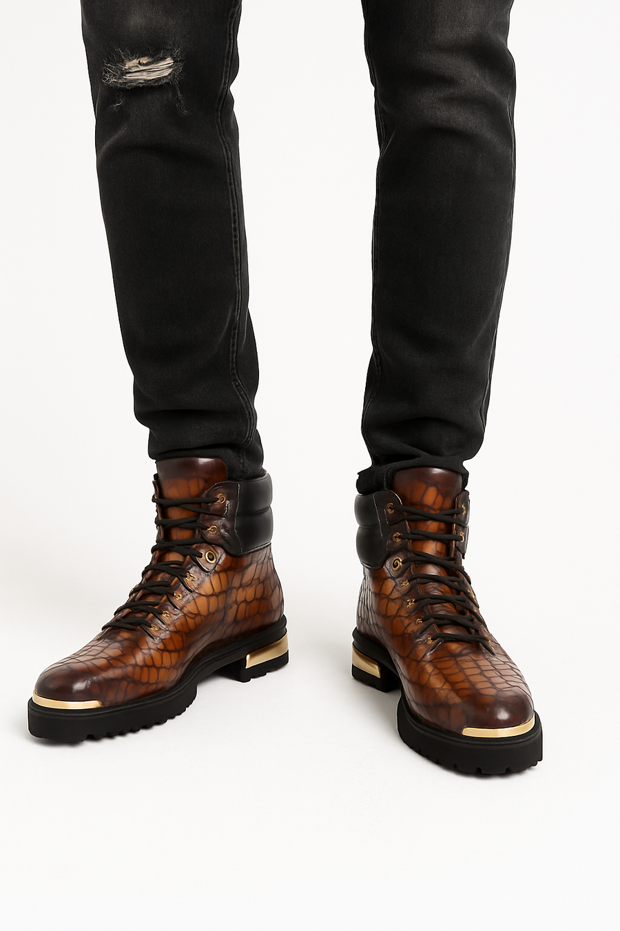 Croco Deep Cut Leather Lace UP Ankle Boot Black