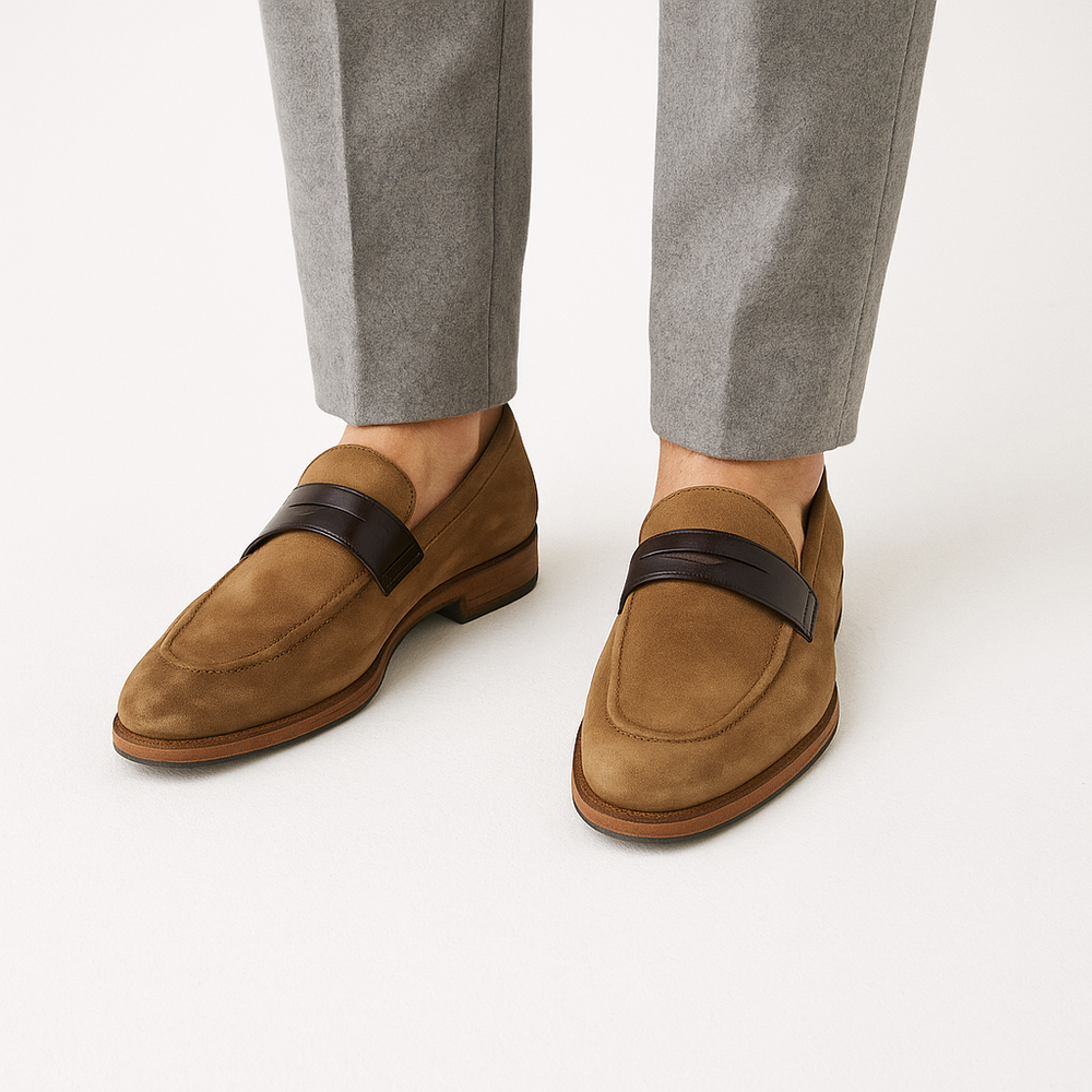 Luxury Suede Leather Oak Wood Penny Loafer with Strap