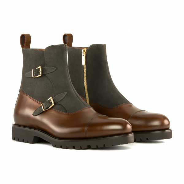Leather Waxed Suede Double Monk Boots