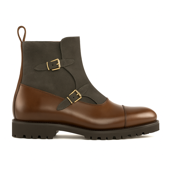 Leather Waxed Suede Double Monk Boots