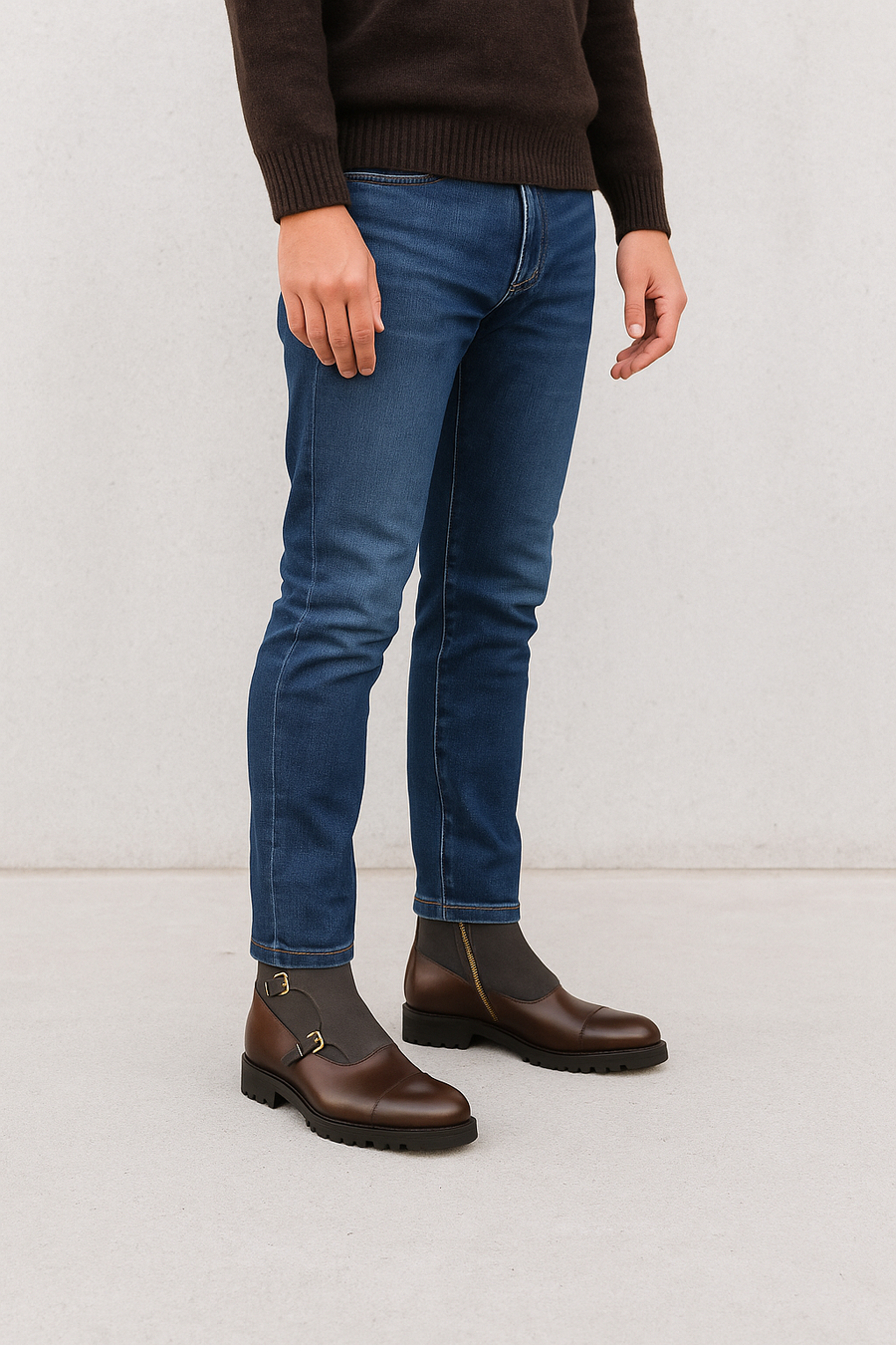 Leather Waxed Suede Double Monk Boots