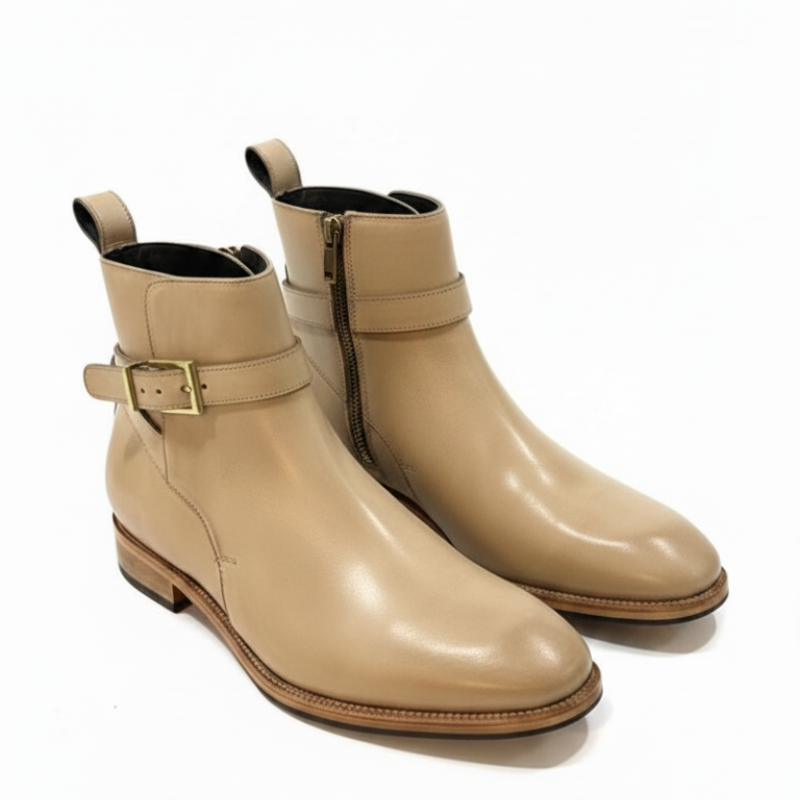 Classic Sophistication Gold Buckle Rounded Toe Leather Boots