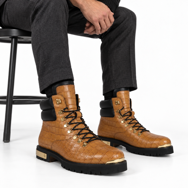 Croco Deep Cut Leather Lace UP Ankle Boot