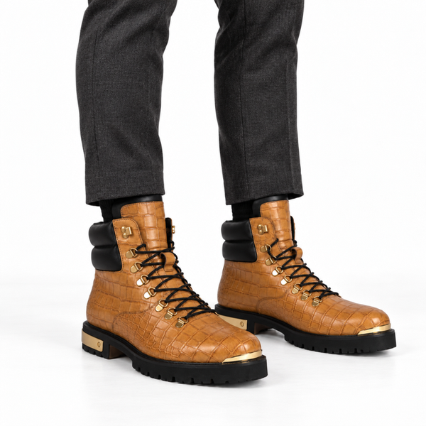 Croco Deep Cut Leather Lace UP Ankle Boot
