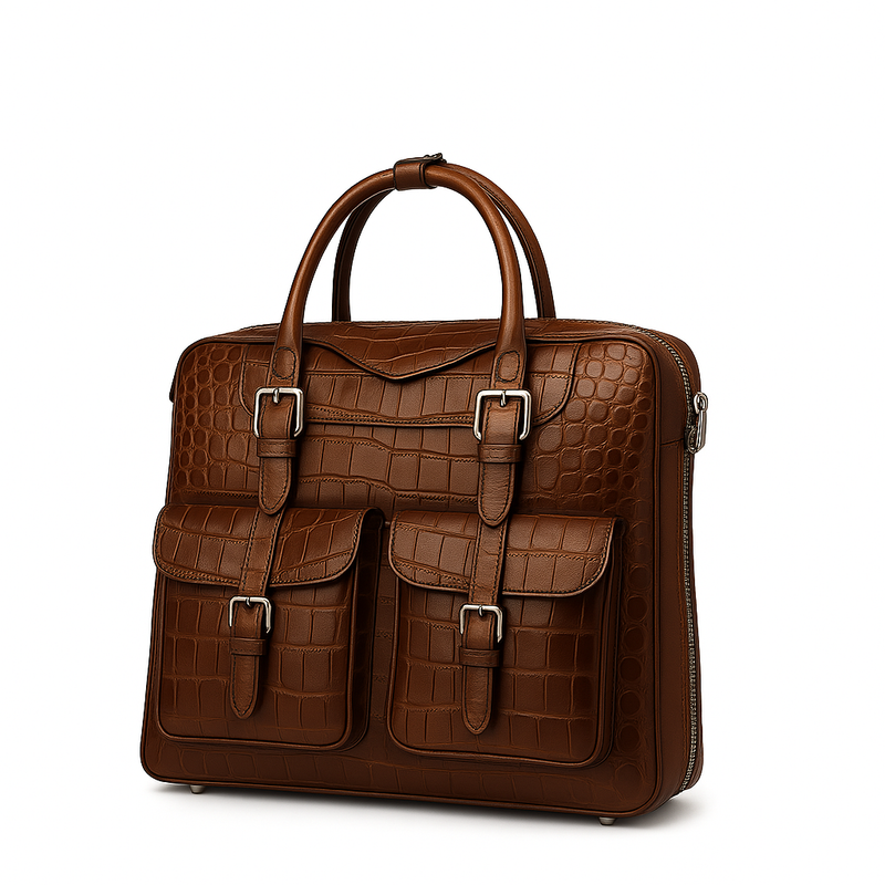 Italian Croco Leather Front Pocket Brown Briefcase Bag