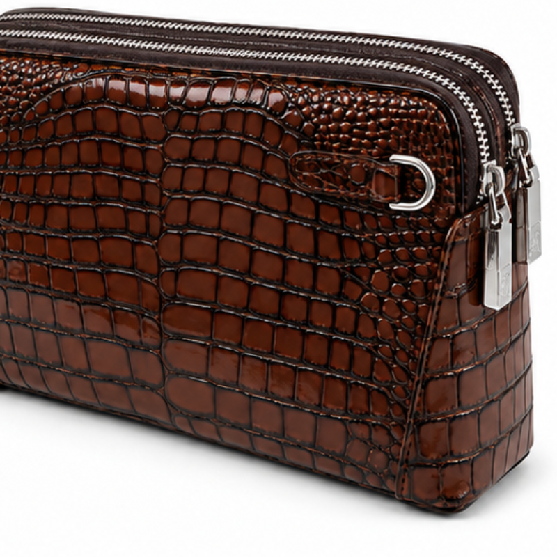 Croc-Embossed Double Zip Leather Clutch