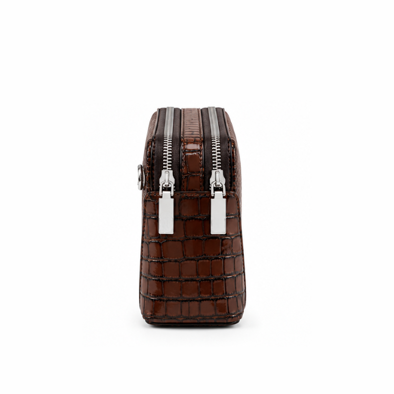 Croc-Embossed Double Zip Leather Clutch