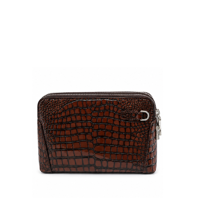 Croc-Embossed Double Zip Leather Clutch