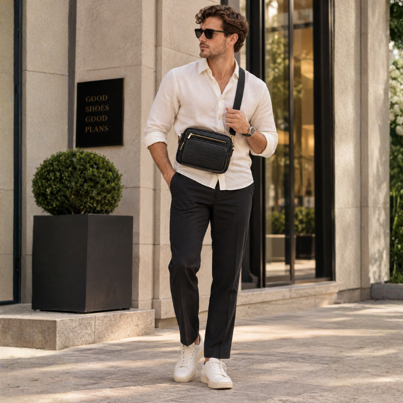 Croc-Embossed Leather Crossbody Messenger Bag