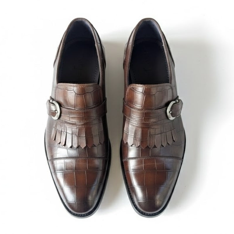 Croc-Embossed Fringe Monk Strap Shoes