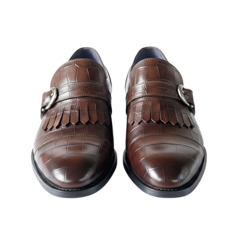 Croc-Embossed Fringe Monk Strap Shoes