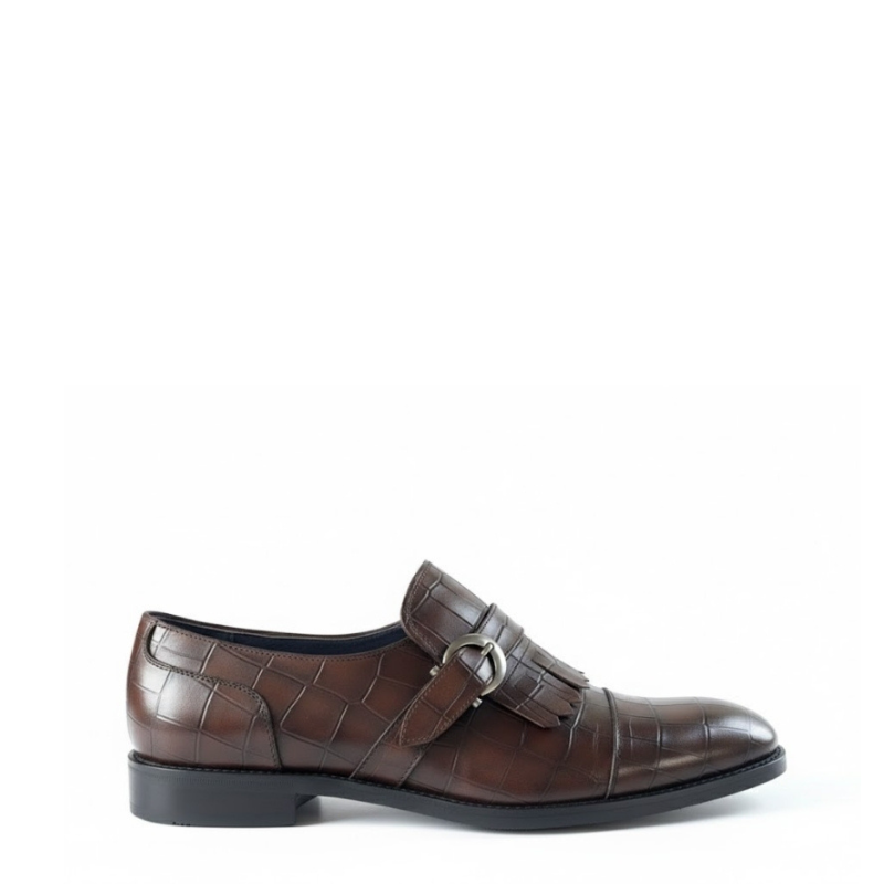Croc-Embossed Fringe Monk Strap Shoes