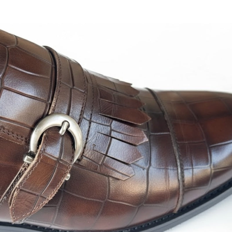 Croc-Embossed Fringe Monk Strap Shoes