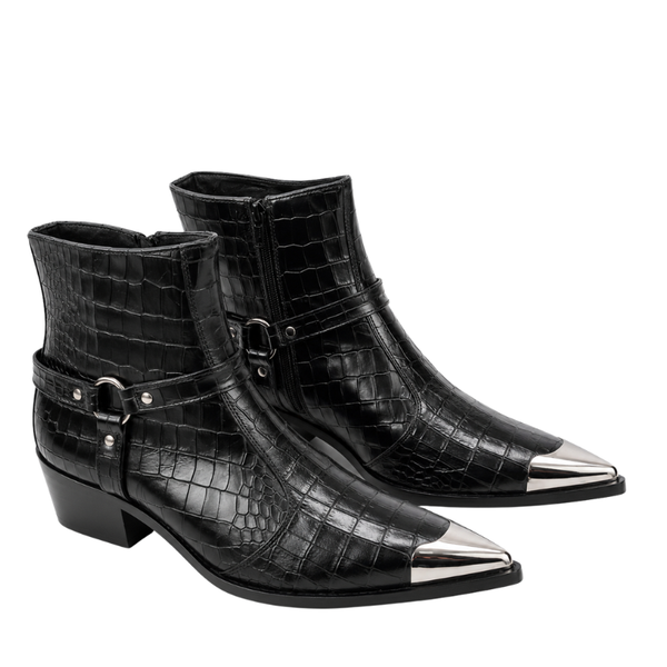 Croc-Embossed Italian Artisan Metal Toe Ankle Boots