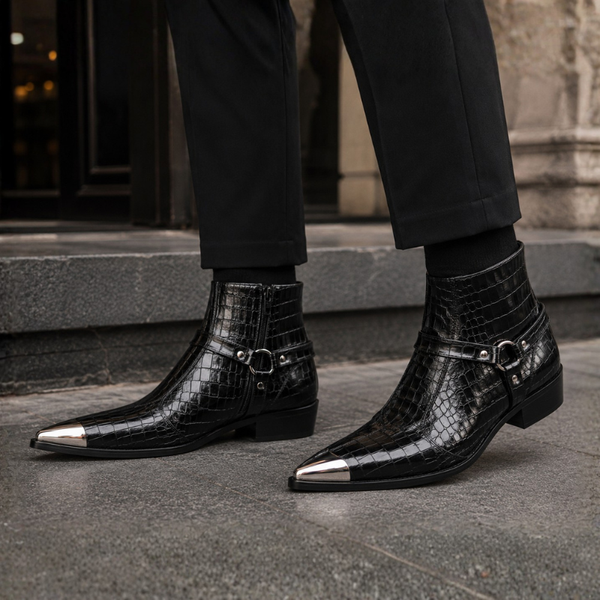 Croc-Embossed Italian Artisan Metal Toe Ankle Boots