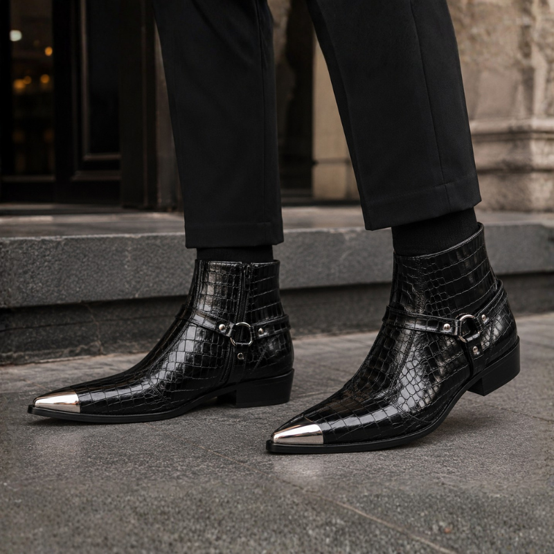 Croc-Embossed Italian Artisan Metal Toe Ankle Boots