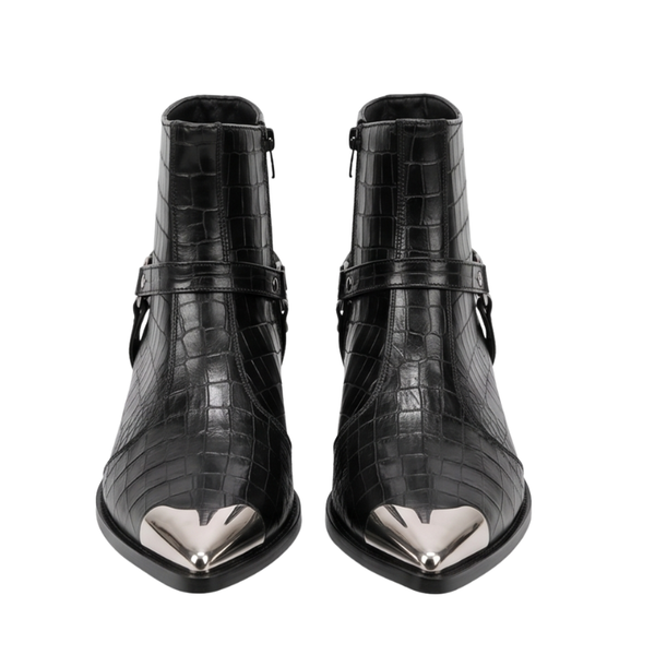 Croc-Embossed Italian Artisan Metal Toe Ankle Boots