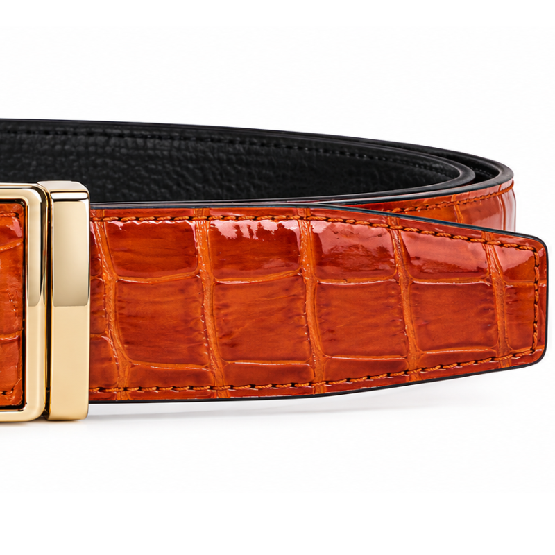 Croc-Textured Gold Buckle Belt