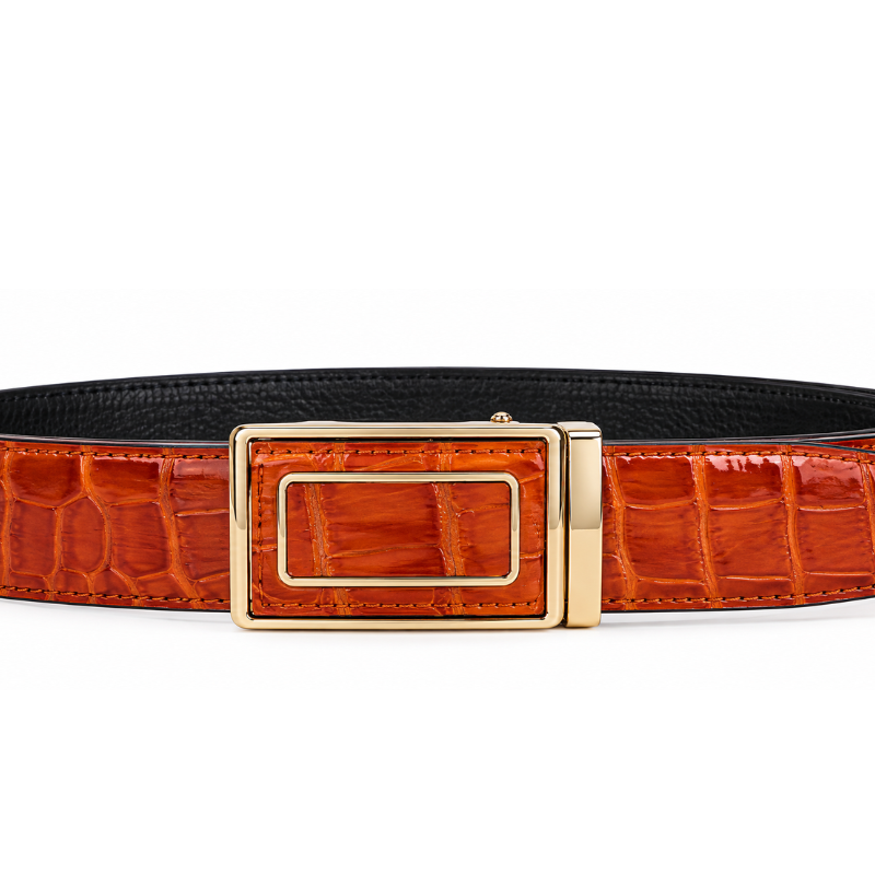Croc-Textured Gold Buckle Belt