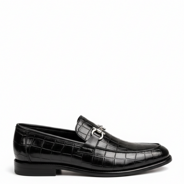 Croc Embossed Italian Elegance Horsebit Loafers - Black