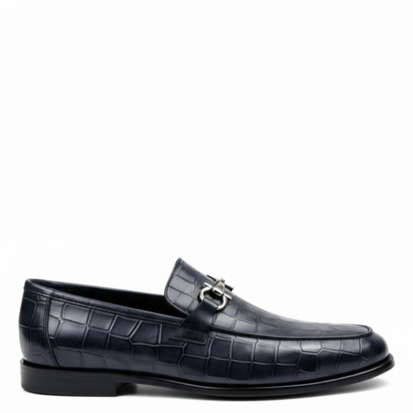 Croc Embossed Italian Elegance Horsebit Loafers - Navy