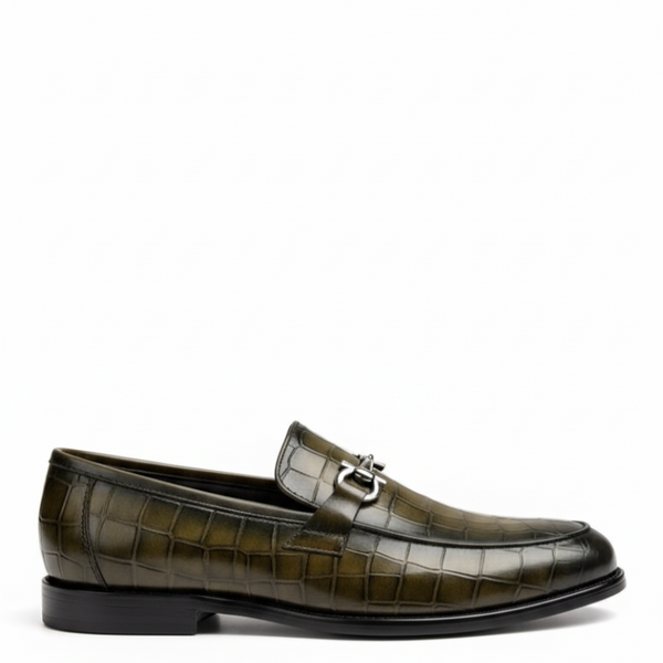 Croc Embossed Italian Elegance Horsebit Loafers - Olive