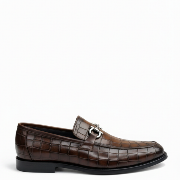 Croc Embossed Italian Elegance Horsebit Loafers - Brown