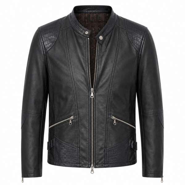 Croc Panel Leather Biker Jacket