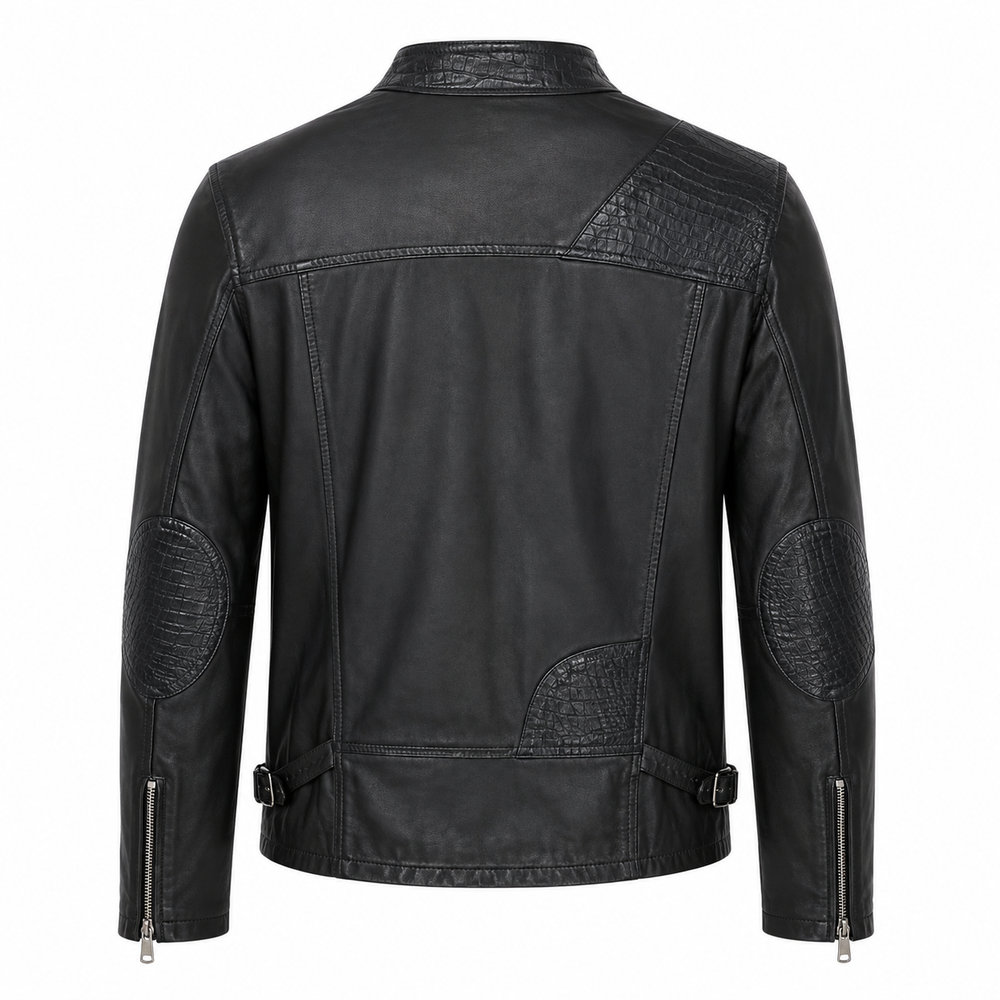 Croc Panel Leather Biker Jacket