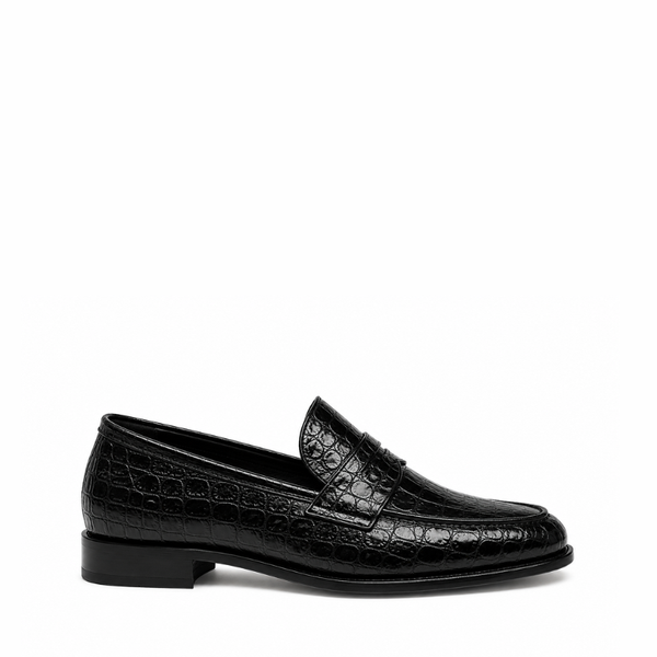 Croc Texture Leather Masterpiece Loafers - Black