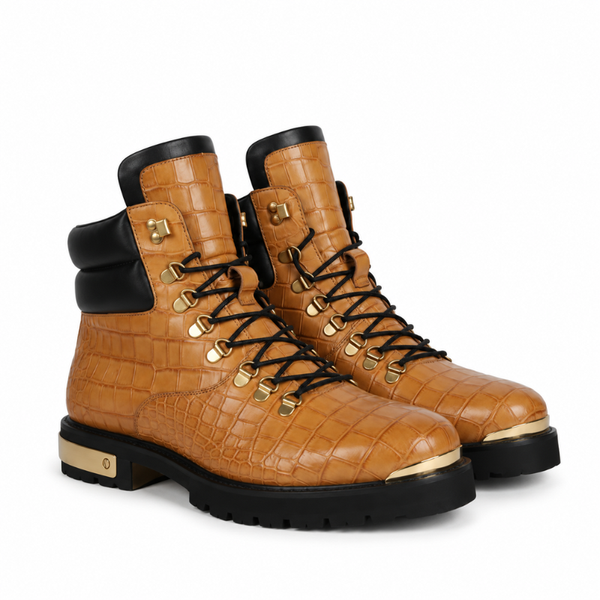 Croco Deep Cut Leather Lace UP Ankle Boot